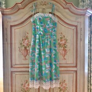 Vintage Lilly Pulitzer Green Floral Midi Dress with White Lace Trim